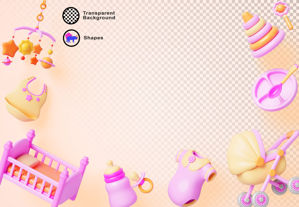 3d pink baby girl shower background. Newborn banner frame with crib, stroller, infant clothes, child bottle, pacifier, toys and space for text. Holiday border for kid birthday party. 3D illustration